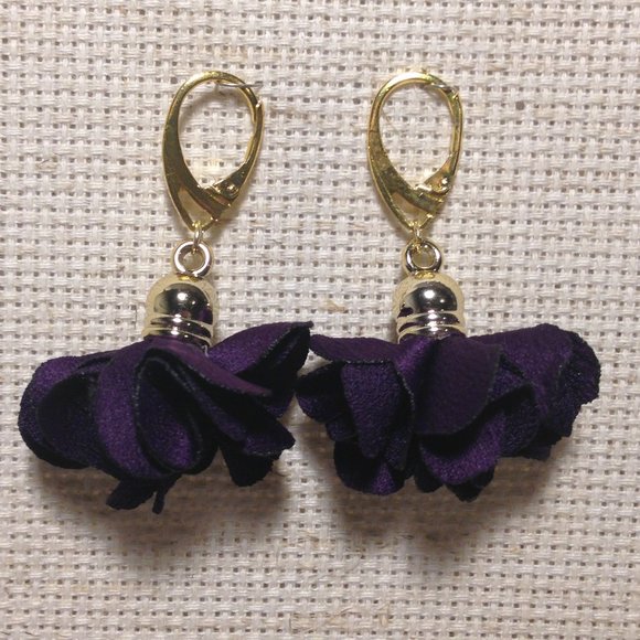 Dark Purple Satin Flower Fluff Earrings - Picture 3 of 5